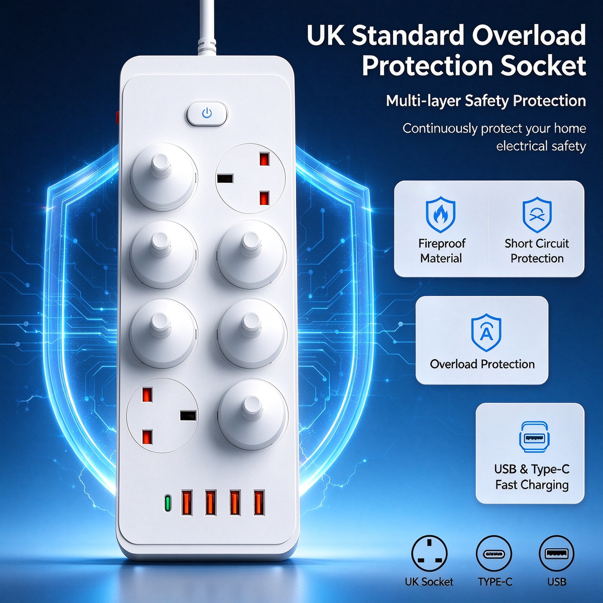 Multifunctional smart switch power strip with overload protection, UK standard, USB + Type-C charging ports