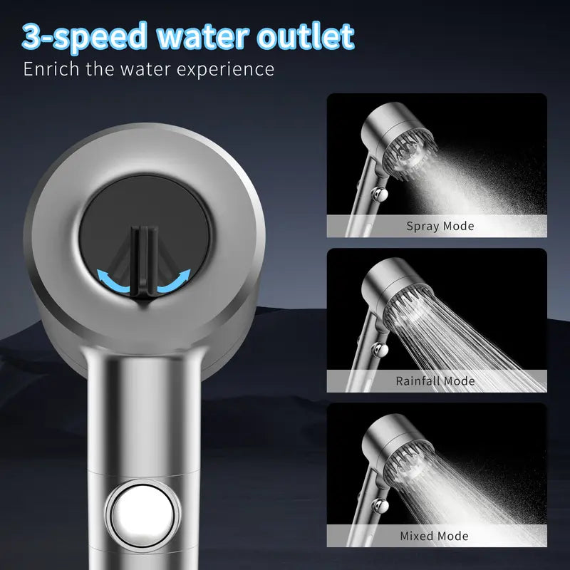 Handheld Filter Shower Head High-Pressure Power Wash - 4-Setting Massage Spray, 150cm Hose, Chrome Finish, Easy Install, Low Flow, One-Touch Water Stop, Adjustable Pressure, Micro-Technology Nozzles