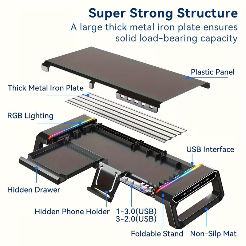 Multi‑Function Monitor Riser – Foldable & Height‑Adjustable Stand with USB Hub, Storage Drawer for Laptops, Tablets & Smartphones – Desktop Organizer