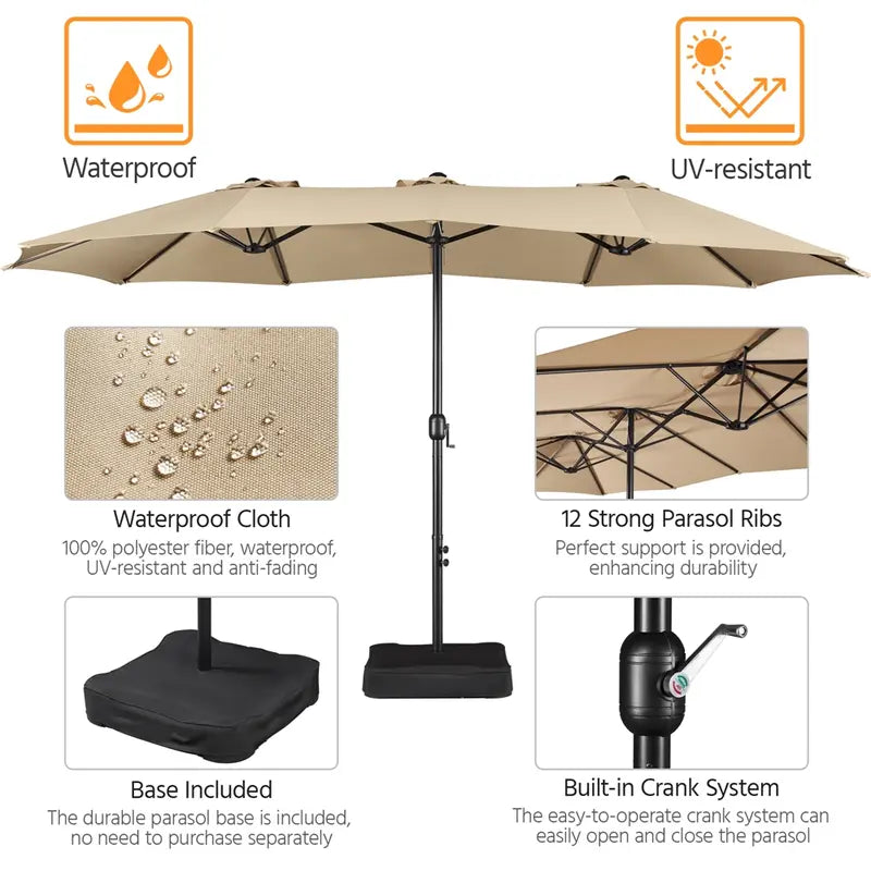【On Sale】 15ft Heavy Duty Canopy Double Layer Cloth Patio Umbrella with 12 Ribs Hand Crank for Easy Opening 2 Sandbags Outdoor Design for Garden Pool and Lawn