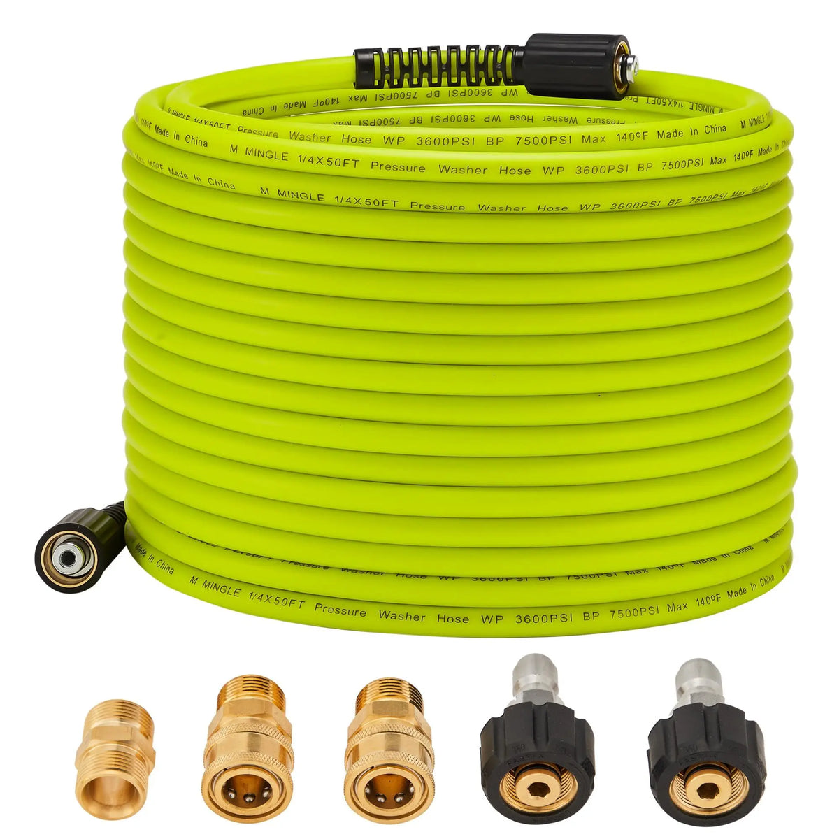 M MINGLE Car High Pressure Cleaning Hose 50-Feet with 1/4 Inch Plug M22 Connector & 2 Adapters Heavy Duty Car Wash Hose