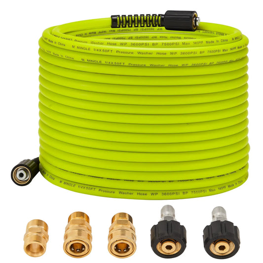 M MINGLE Car High Pressure Cleaning Hose 50-Feet with 1/4 Inch Plug M22 Connector & 2 Adapters Heavy Duty Car Wash Hose