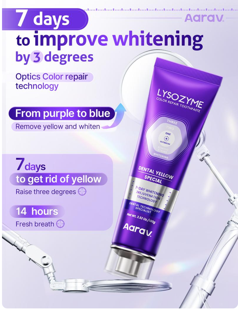 Buy 1 bottle and get 5 bottles free. Lysozyme Enzyme-Activated Purple Whitening Toothpaste. This toothpaste can immediately remove stains and restore teeth to a bright and shiny state, as well as freshen breath.