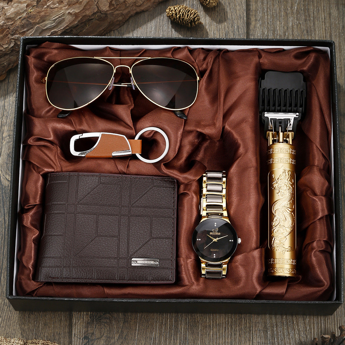 2026 Cross‑Border Hot‑Sale 5‑Piece Gift Set – Business Steel‑Band Quartz Watch, Designer Wallet & Razor – Premium Men‘s Gift Box for Holidays & Special Occasions