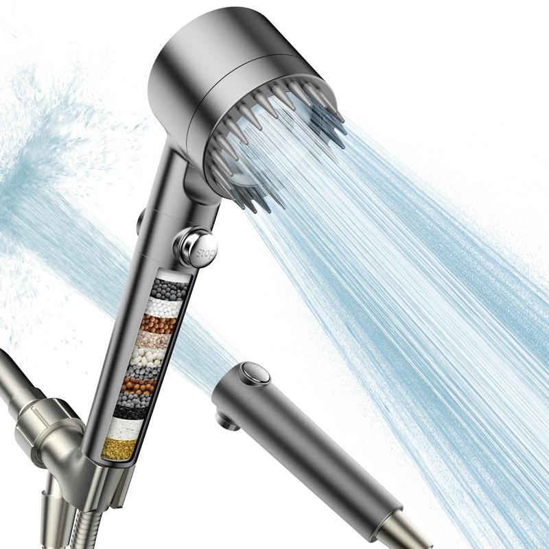 Handheld Filter Shower Head High-Pressure Power Wash - 4-Setting Massage Spray, 150cm Hose, Chrome Finish, Easy Install, Low Flow, One-Touch Water Stop, Adjustable Pressure, Micro-Technology Nozzles