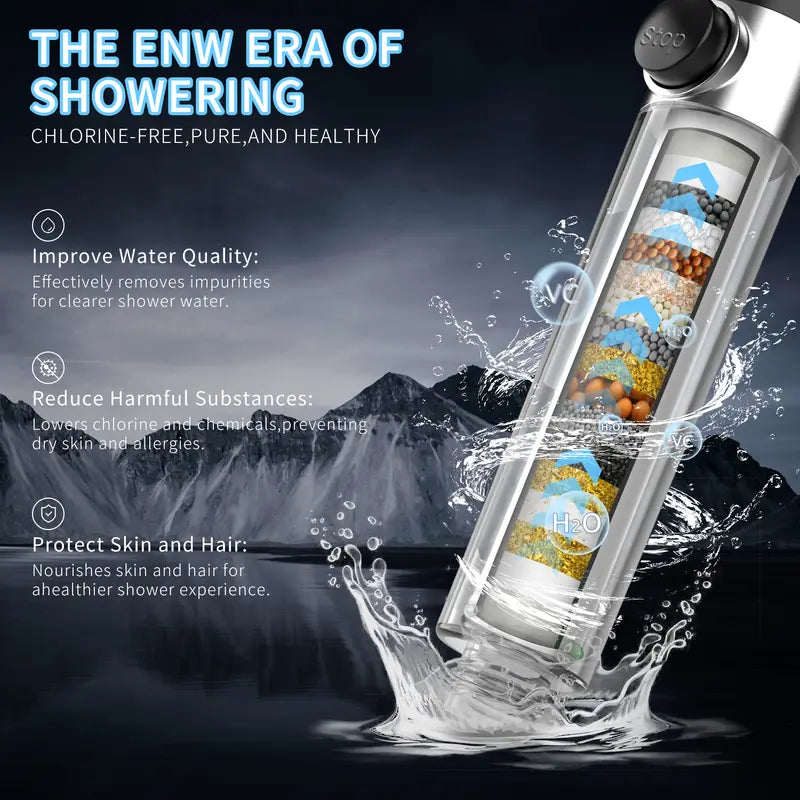 Handheld Filter Shower Head High-Pressure Power Wash - 4-Setting Massage Spray, 150cm Hose, Chrome Finish, Easy Install, Low Flow, One-Touch Water Stop, Adjustable Pressure, Micro-Technology Nozzles