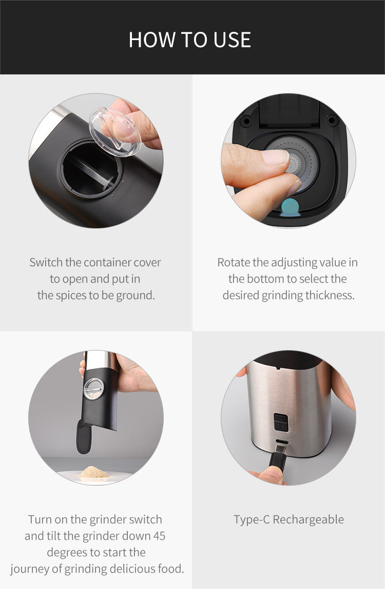 Electric Salt & Pepper Grinder Sets, 2pcs Rechargeable, Adjustable, Modern Stainless Steel Construction, Seasoning Auto Dust Lids, LED one-hand operation Kitchen Utensils