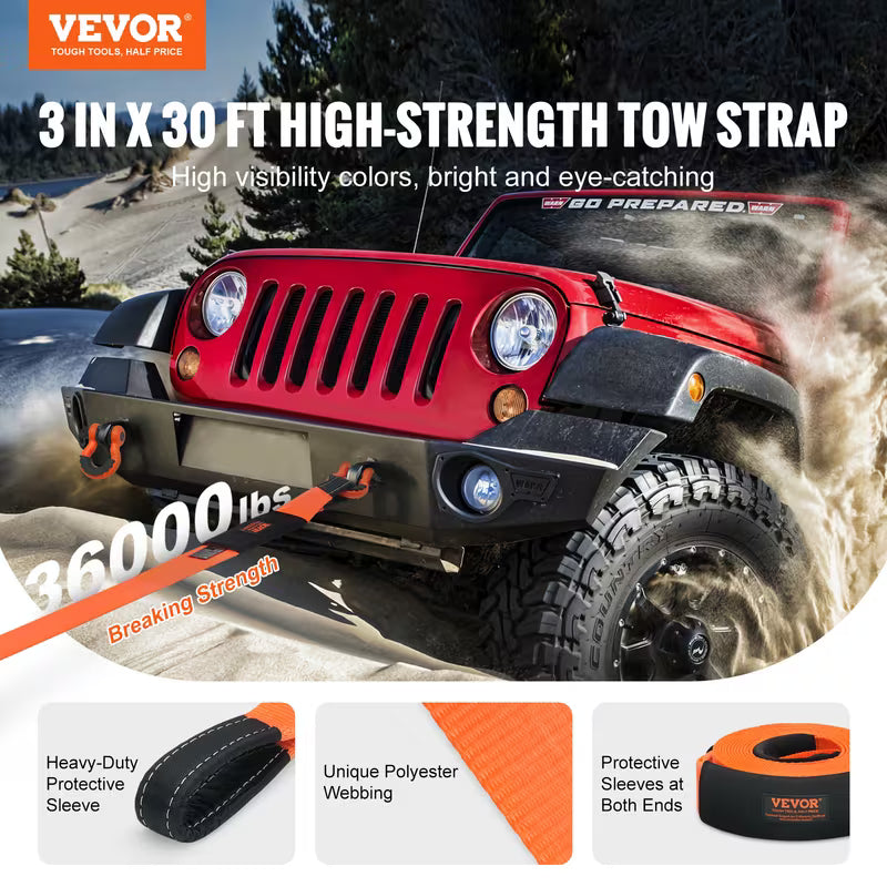 Heavy‑Duty Tow Rope Recovery Kit, 3" x 30 Ft Tree‑Saver Winch Strap (MBS‑36,000 Lbs), Triple Reinforced Loops with Protective Sleeves & Storage Bag, 3/4" D‑Ring Shackle Anchor for Truck, Jeep, SUV & ATV Off‑Road Rescue