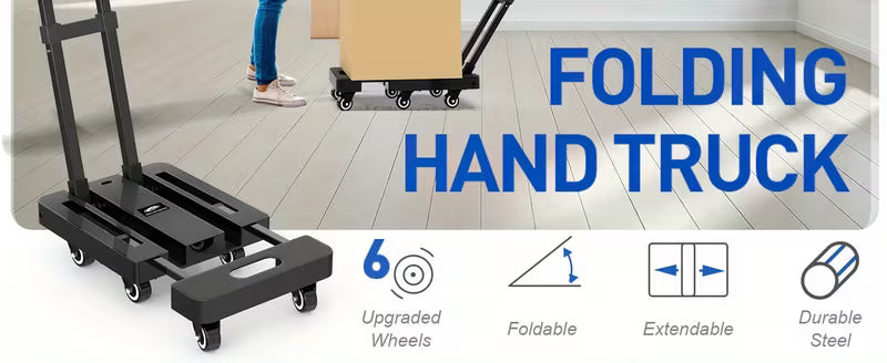 Folding Hand Trolley, 500 LB Heavy‑Duty Luggage Cart, Multi‑Purpose Flatbed Dolly with 6 Wheels & 2 Elastic Tie‑Down Straps, Detachable Silent Portable Trailer for Travel, Hauling, Shopping & Office Use, Wholesale Available