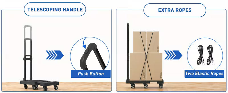 Folding Hand Trolley, 500 LB Heavy‑Duty Luggage Cart, Multi‑Purpose Flatbed Dolly with 6 Wheels & 2 Elastic Tie‑Down Straps, Detachable Silent Portable Trailer for Travel, Hauling, Shopping & Office Use, Wholesale Available