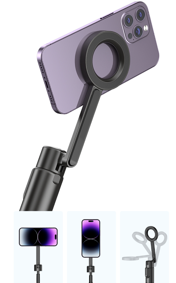 Magnetic selfie stick stand, suitable for iPhone and Android devices, Pixel 10, as well as phones with metal ring protective cases and other photography and travel accessories. Anti-shake, extendable, 1.36 meters long.