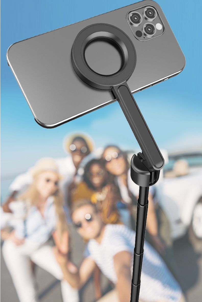 Magnetic selfie stick stand, suitable for iPhone and Android devices, Pixel 10, as well as phones with metal ring protective cases and other photography and travel accessories. Anti-shake, extendable, 1.36 meters long.