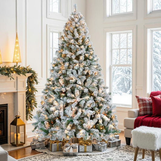 【Led Light】Pre-lit Artificial Christmas Tree with Incandescent Warm White Lights, Snow Flocked Full Prelighted Xmas Tree Foldable Stand Decor Decoration Ornaments
