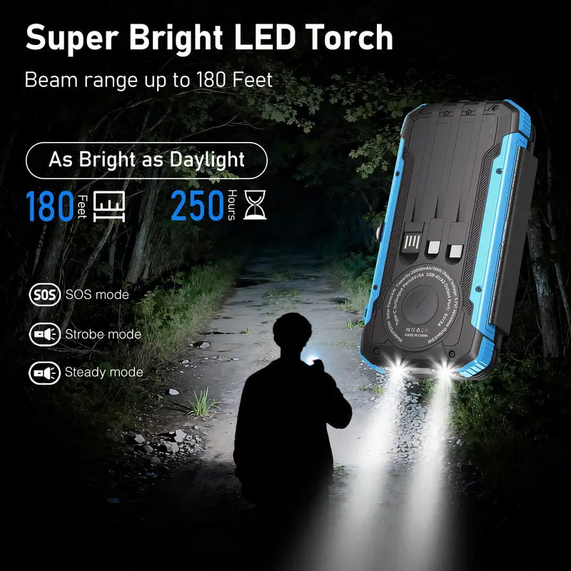 20000mAh Blue Black Solar Power Bank with 4 Foldable Solar Panels, Wireless Charging PD 15W Fast Charger, 3 Built-in Cables 6 Ports Portable Solar Charger with Dual Flashlights & Carabiner