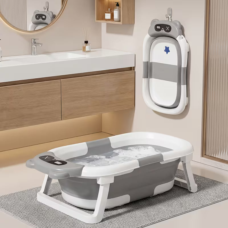 3‑Fold Smart Temperature‑Sensing Baby Bathtub, Home Use Newborn Bath Tub, Sit & Lie Supported, Collapsible Infant Shower Tub for Baby Bathing