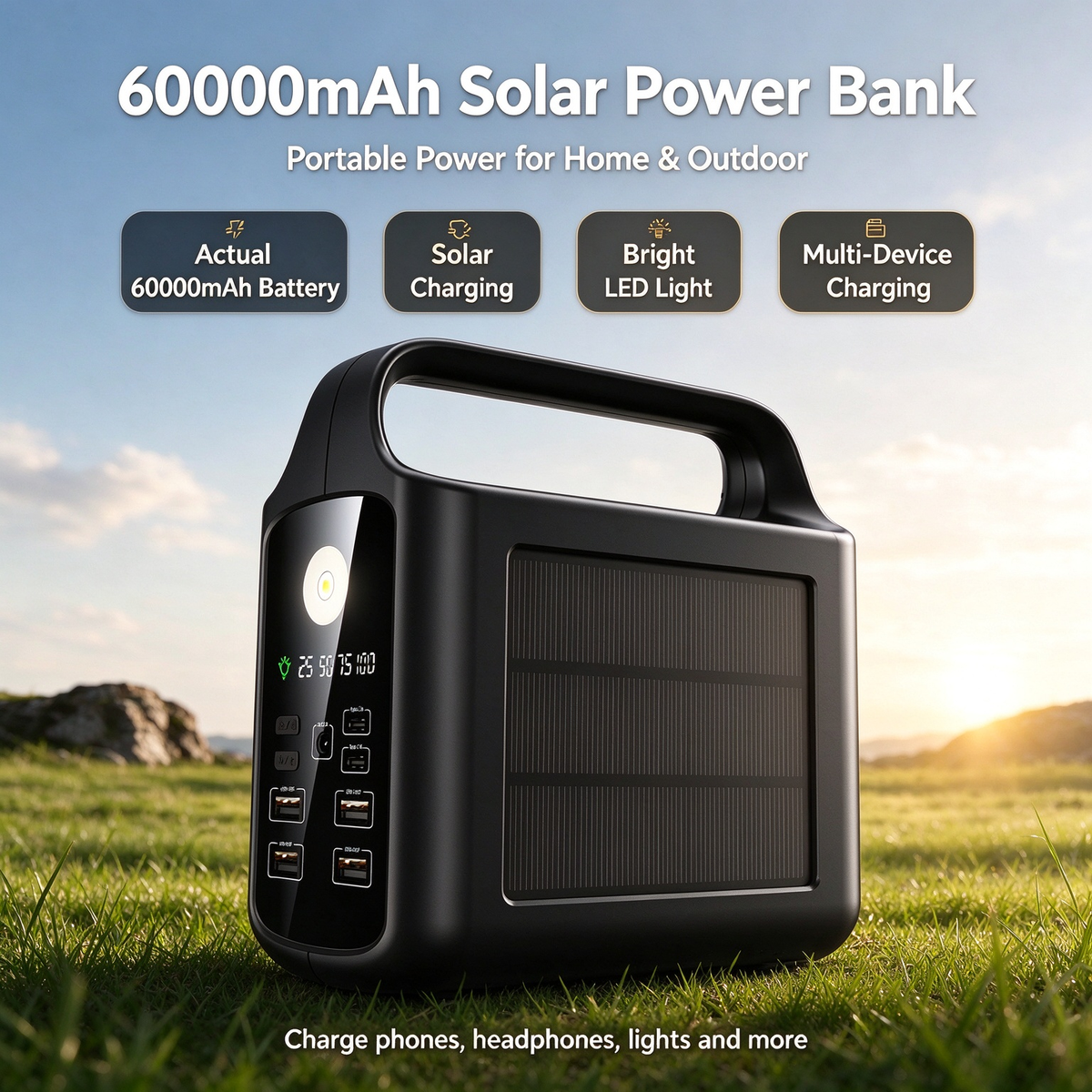 New Solar Power Bank 60000mAh - Large Capacity Super Fast Charging Portable Power Bank with Light for Convenient Outdoor Use