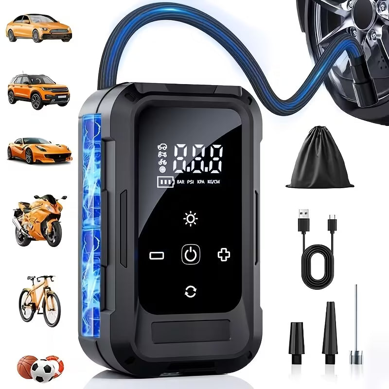 Portable Air Compressor Inflator, 150PSI Smart Digital Auto-Shutoff Pump with Emergency LED Light for Car, Motorcycle, Bike & Balls