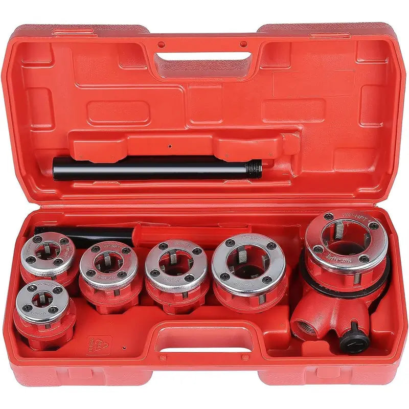 Manual Ratchet Pipe Threader Kit with 6 Steel Dies 1/4"-1-1/4" - Threading Tool for Steel and Galvanized Iron Pipes