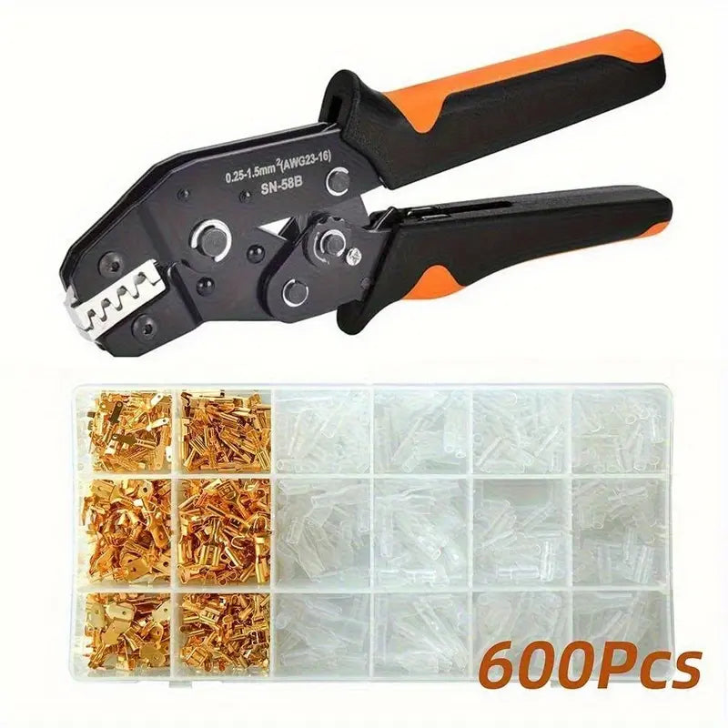 600-Piece SN-58B Ratchet Crimping Pliers Set – DIY Hand Tool Kit for AWG 23-16 Terminals, Includes 2.8/4.8/6.3mm Male/Female Clamp Connectors & Wire Cutters