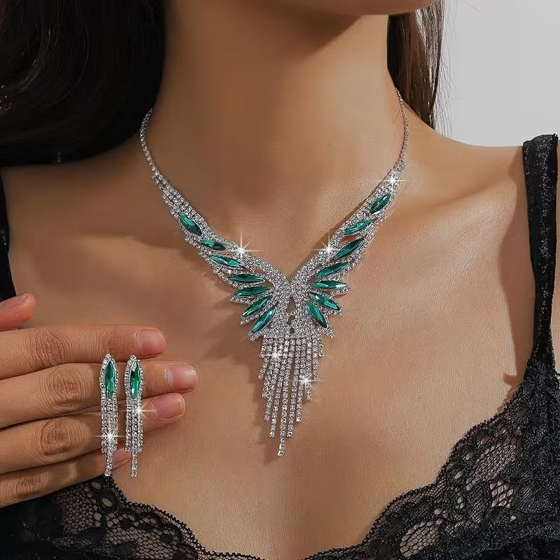 3Pcs Crystal Rhinestone & Green Gem Tassel Jewelry Set – Elegant Christmas Gift for Weddings & Parties
