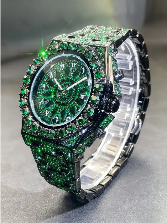 Men's Quartz Watch with Rhinestones - Luxury Ice-Dial Hip-Hop Watch with Artificial Diamonds, Fashionable Stylish Wristwatch