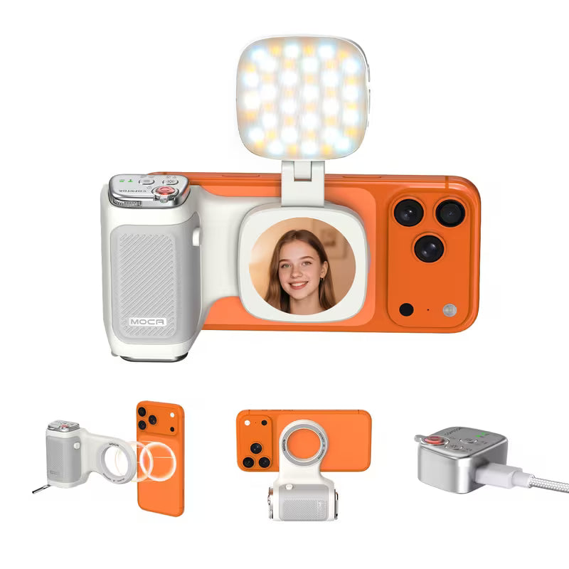 COMITOK MOCA Handheld Phone Grip – Mirror + LED Fill Light, One-Tap Camera, Rechargeable Remote for Creators