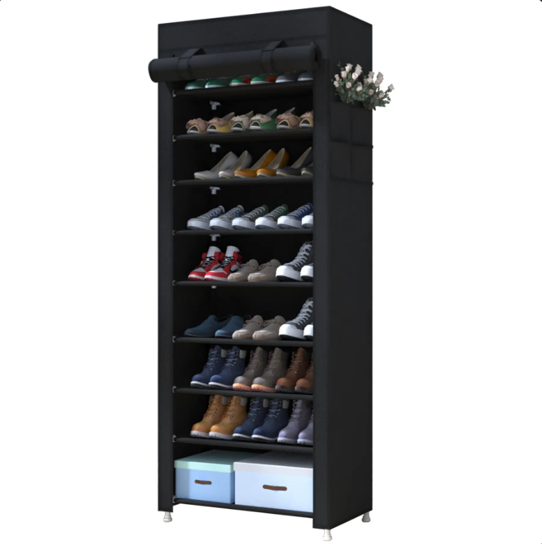 Black 10 Tier Shoe Rack with Dustproof Cover, Adjustable Standing Shelf, High Capacity Shoe Storage Organizer