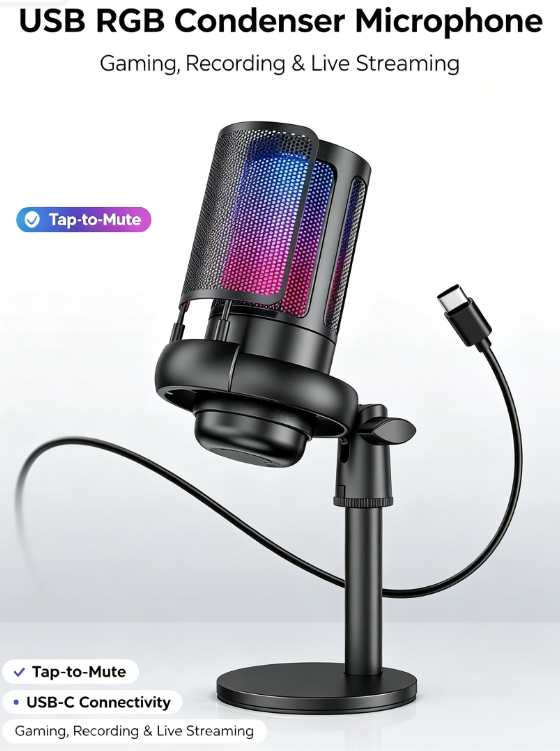 USB Condenser Microphone – RGB Lights, Plug & Play for Gaming, Streaming, Podcasting & Karaoke