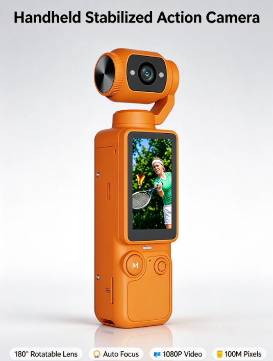Handheld Vlog Camera – 180° Rotating Lens, Flip Screen, Auto Focus & Stabilization (SD Card Not Included)