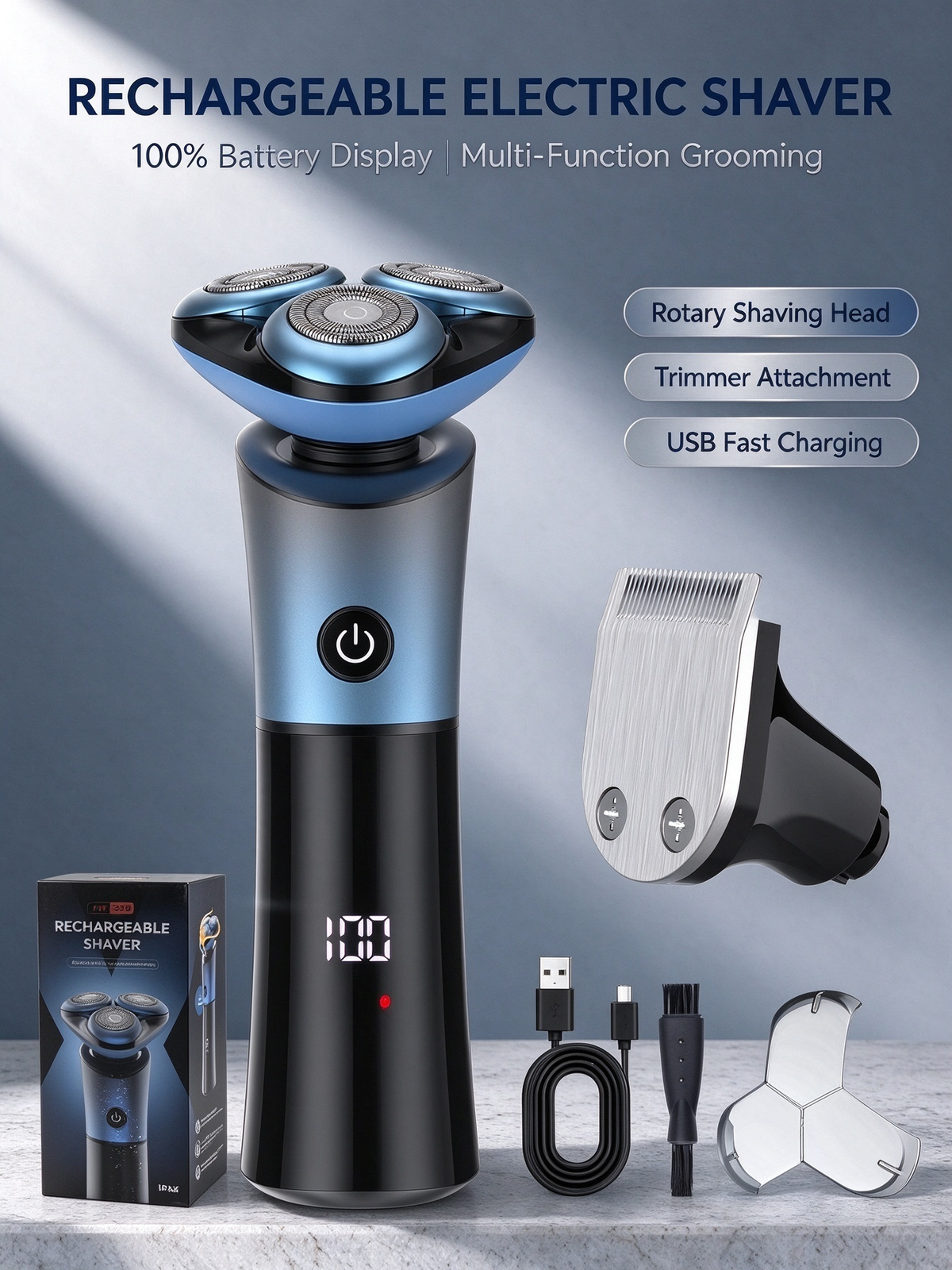 Electric Rotary Shaver - Smart 3D Floating Head, Fully Washable, USB Rechargeable Men's Beard Razor