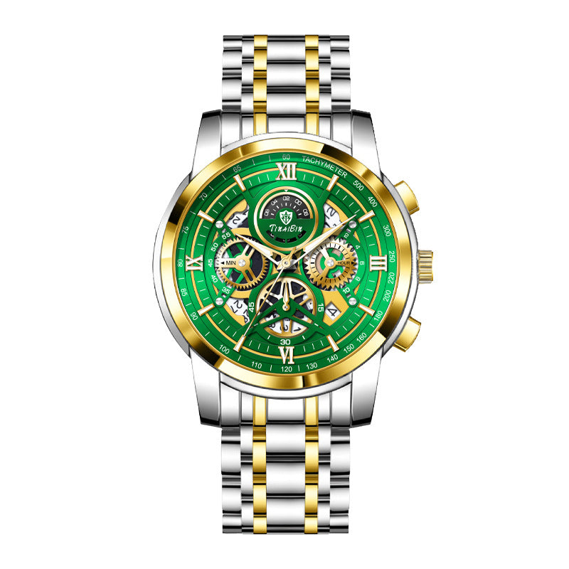 Multifunctional Luxury Men's Watch – Swiss Movement, Dual Calendar, Mechanical Style, Sapphire Crystal, Stainless Steel Strap, Luminous Waterproof Design
