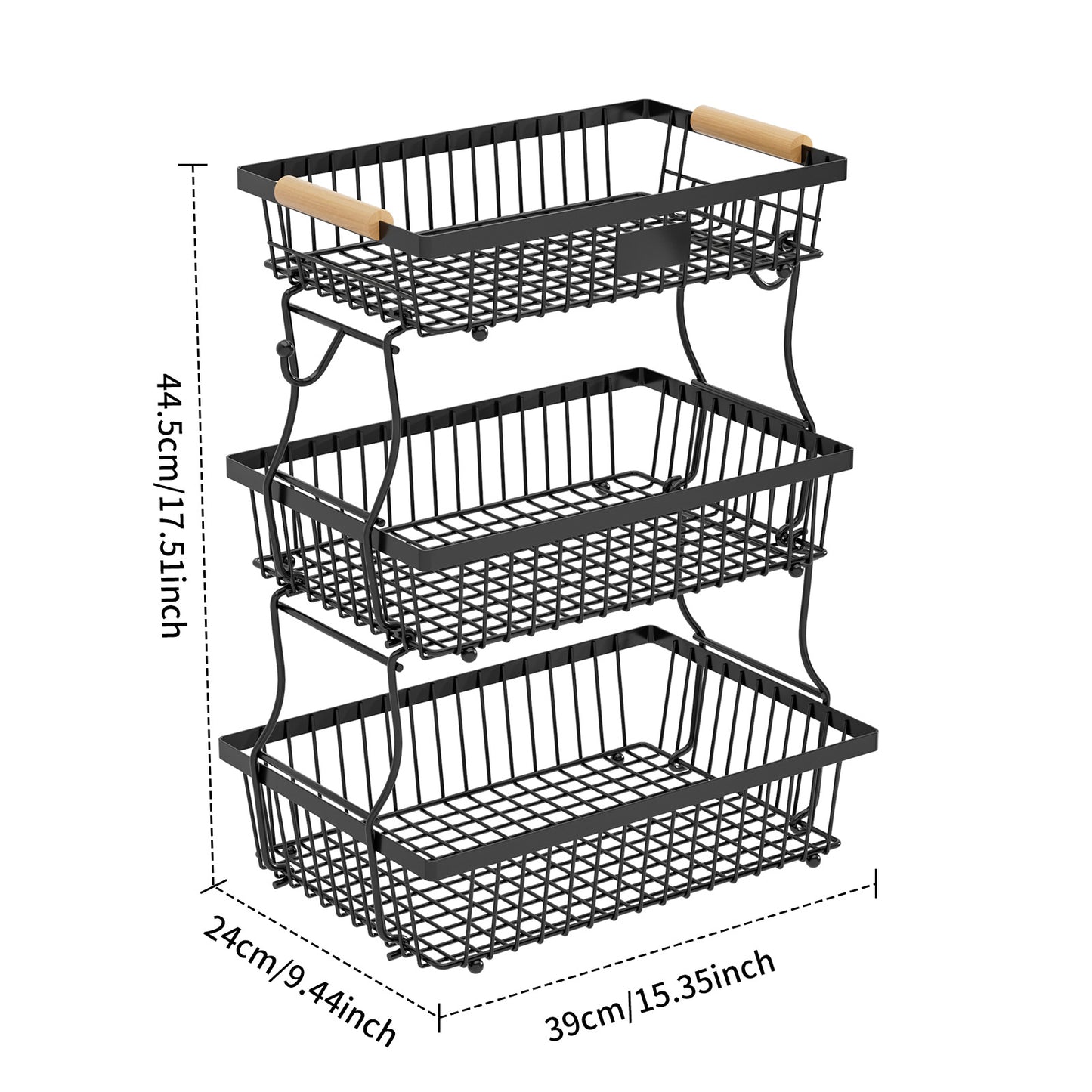 3-Tier Metal Fruit & Vegetable Storage Basket with Hooks – Space-Saving Kitchen Organizer for Countertop, Pantry & Bathroom, Heavy Duty & Rust-Proof Design
