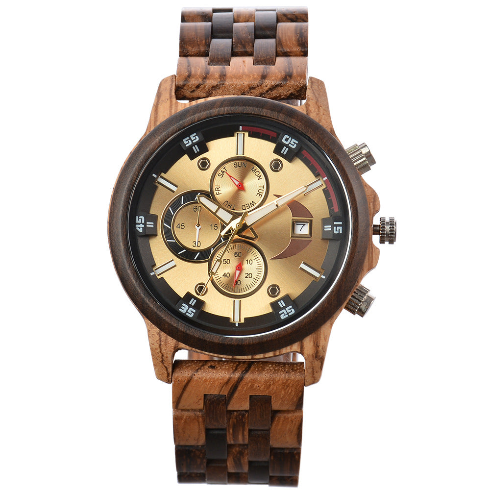 Men's Multifunctional Wooden Quartz Watch – Week, Calendar & Timer Display, Fashion Casual Design