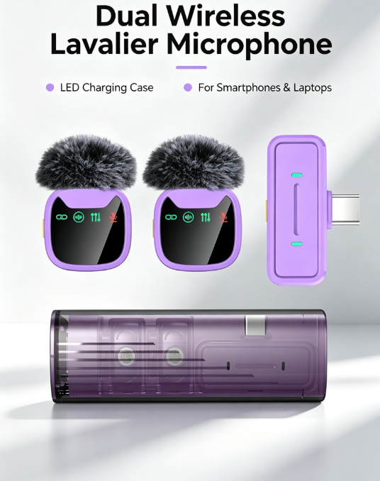 Dual Wireless Lavalier Microphone – LED Charging Case for Phones, Laptops, Streaming & Interviews