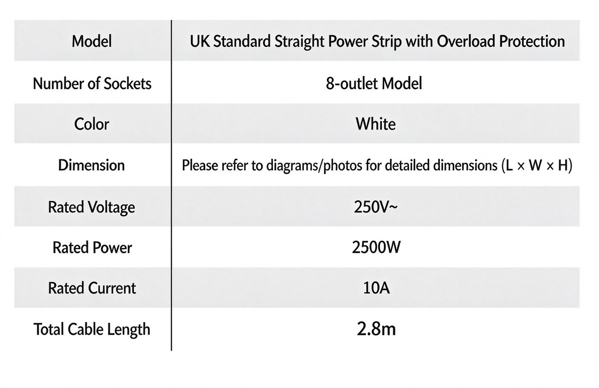 Multifunctional smart switch power strip with overload protection, UK standard, USB + Type-C charging ports