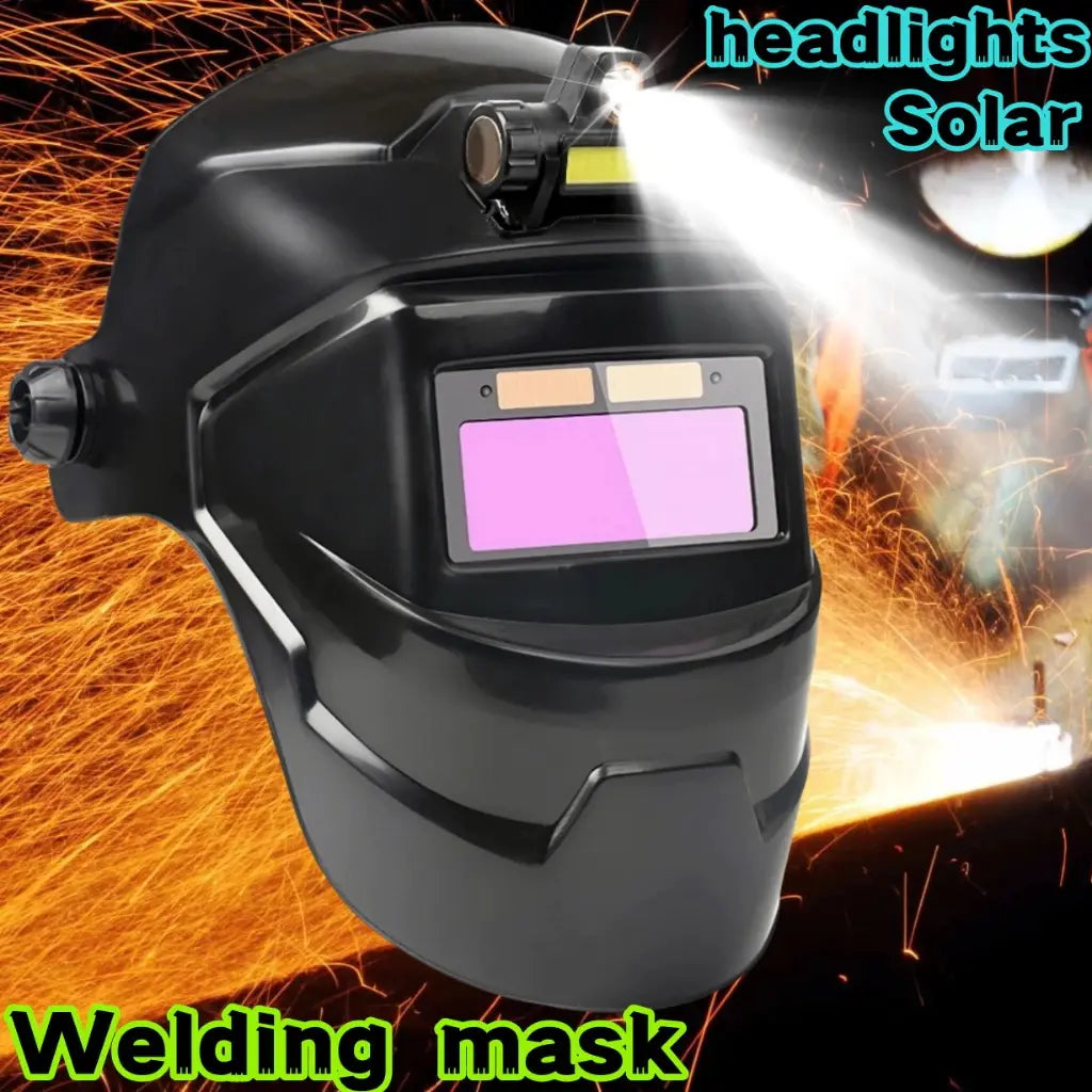 Professional Auto Darkening Welding Mask - Solar Powered, Spark Resistant Helmet with Goggles and Headlamp