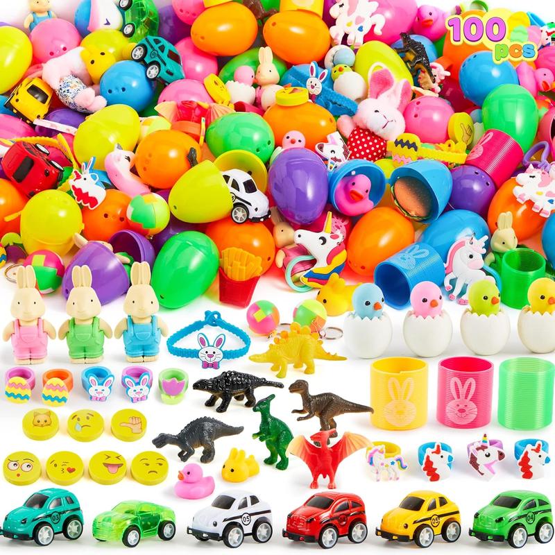 100PCS Prefilled Easter Eggs with Toys for Easter Egg Hunt Party Favors Basket Stuffers Classroom Prizes Kids Outdoor Play