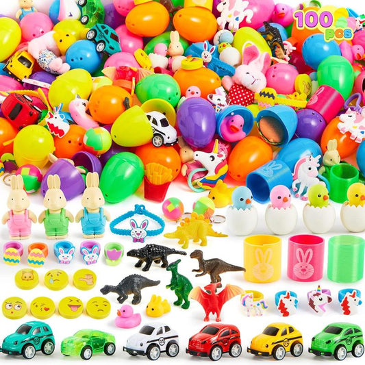 100PCS Prefilled Easter Eggs with Toys for Easter Egg Hunt Party Favors Basket Stuffers Classroom Prizes Kids Outdoor Play