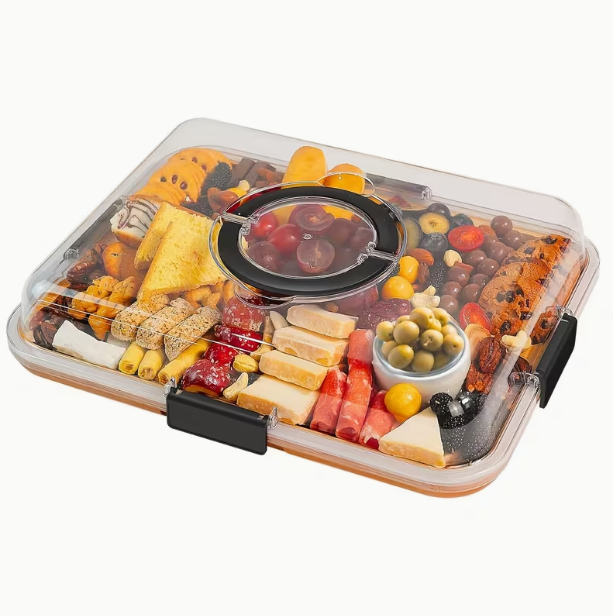 Bamboo Cheese Tray with Transparent Acrylic Lid – Portable Deli Platter for Camping, Parties & Restaurants, Serving Tray for Appetizers, Charcuterie & Snacks, Secure Snap-on Lid