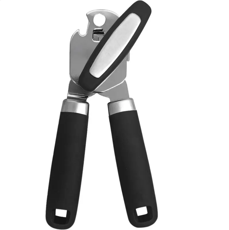 Black Stainless Steel Can Opener, Smooth Edge Manual Can & Bottle Opener with Soft Non-Slip Handle, Rust Proof Oversized Turn Knob, Multifunctional Kitchen Tool
