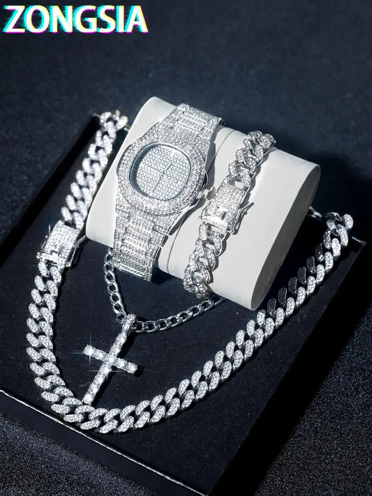 Men's Fashion Jewelry Set with Box - Rhinestone Watch, Cross Pendant Necklace and Cuban Chain Bracelet