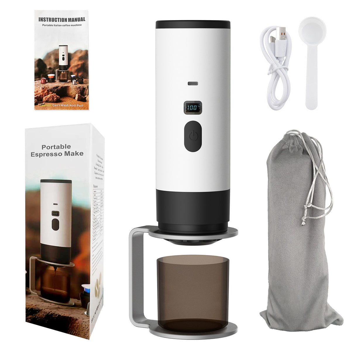 Portable Espresso Machine with Heating Function – USB Rechargeable, Compatible with Ground Coffee & Capsules, LED Power Indicator, Easy-Clean with Stand, Compact for Travel, Camping, RV, Office & Outdoor