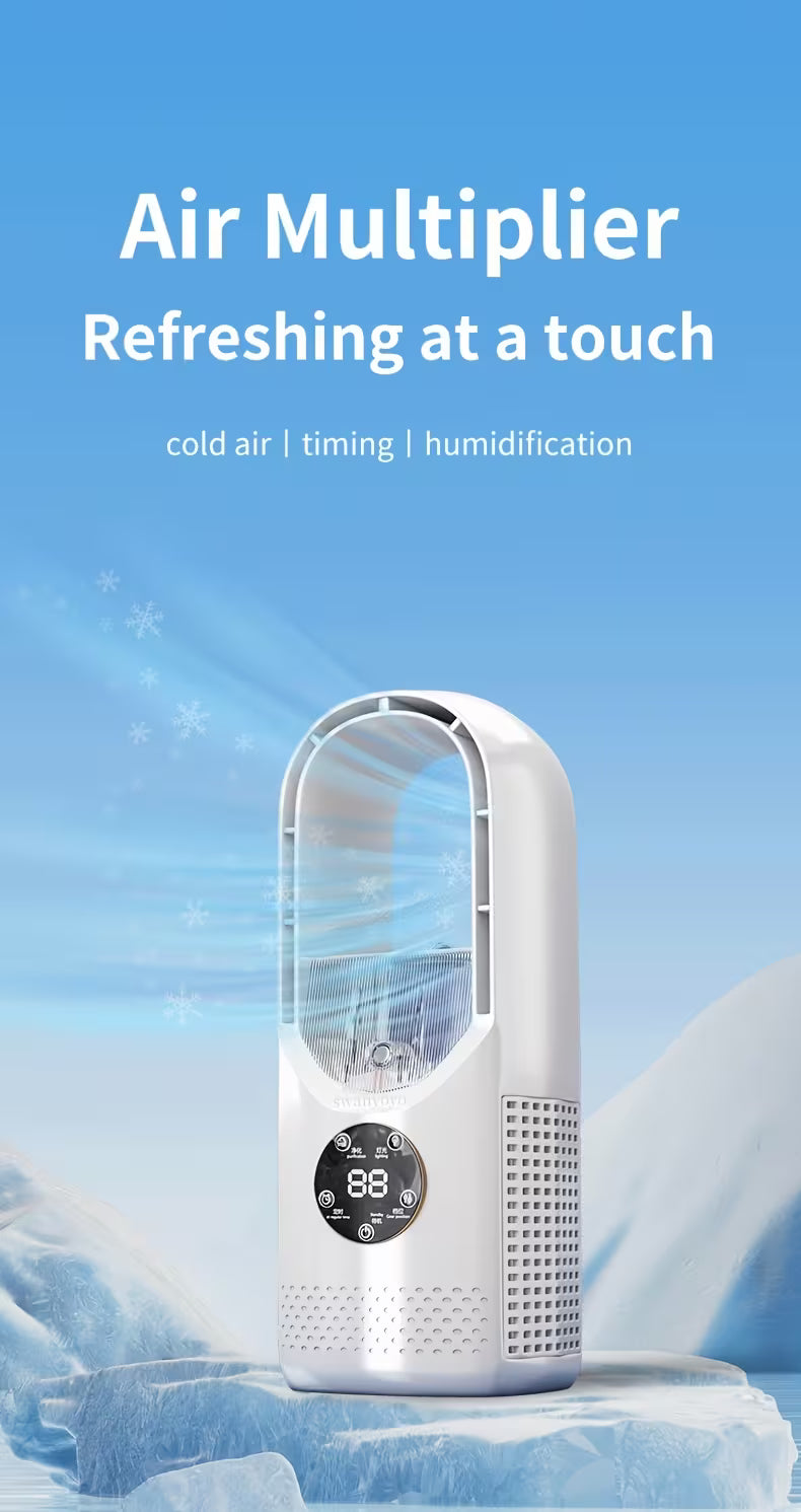 Portable Bladeless Tower Fan – Water Mist Cooling & Timer