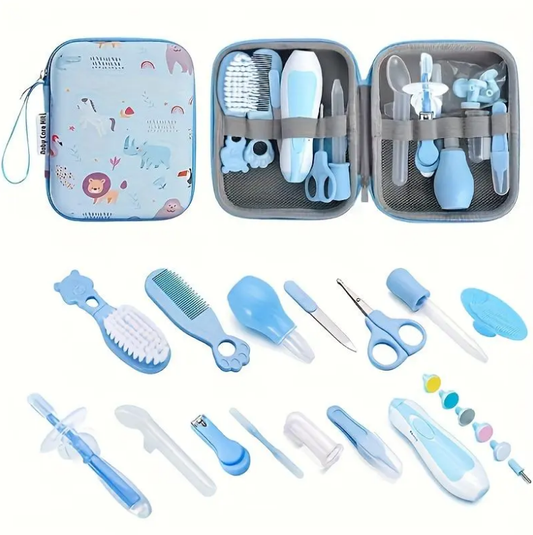 Blue 20Pcs Baby Grooming Kit with Storage Case, Newborn Nail Clipper, Hair Brush, Tweezers, Comb, Scissors, Ear Spoon Set
