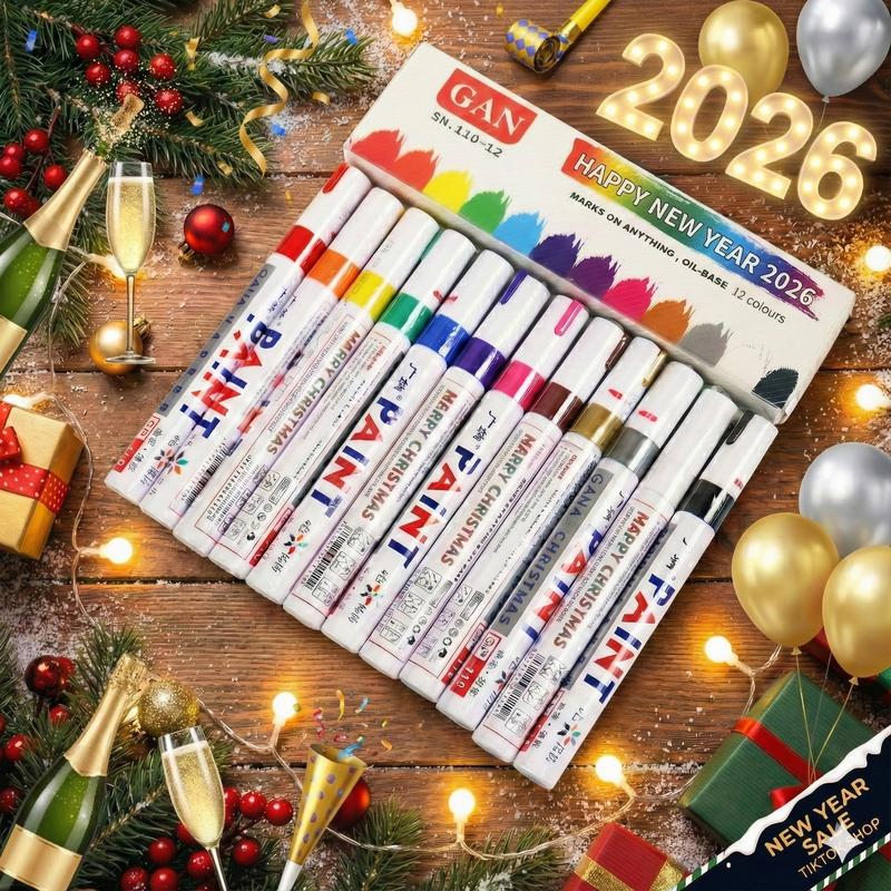 12Pcs 2026 New Year Waterproof Tire Paint Pen Permanent Oil-Based Marker for Car Rims Car Mods Accessories Gift for Men