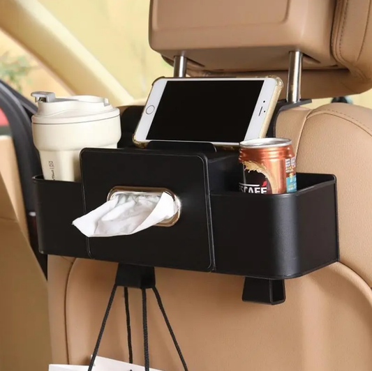 Black Car Seat Back Storage Organizer, Non-Woven Fabric Car Storage Bag with Tissue Holder, 2 Cup Holders & Bag Hooks for Rear Seat