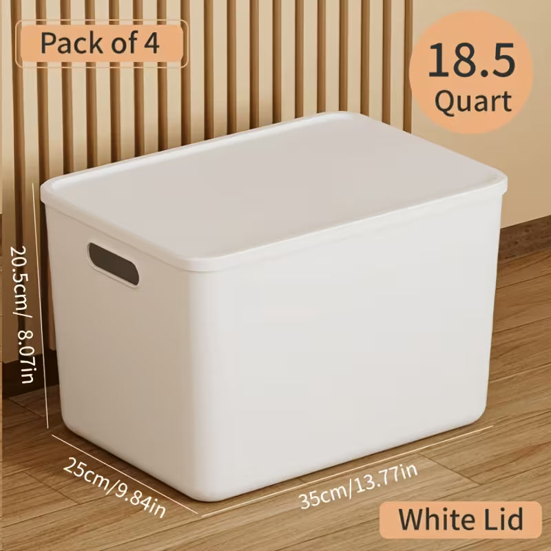 4pcs Large Storage Bins – White Square Boxes with Handles, Lid Included, for Clothes & Tools, Free Shipping, Father's Day Gift!