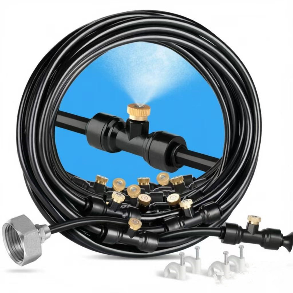 Heavy-Duty Brass Misting Kit - Automatic Cooling and Watering System with 18m (708 Inch) Hose, 3/4" Adapter, Nozzles and Adjustable Flow for Patio and Nursery