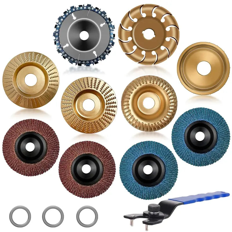 11-Piece Wood Carving Disc Set for Angle Grinder - 5/8" Adapter, Grinding Wheel for Cutting, Shaping and Sanding