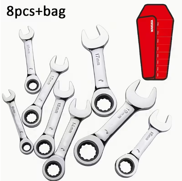 8-Piece Ratchet Wrench Set – Short Handle, Metric, Chrome Vanadium Steel, 72-Tooth, Sizes 8/10/12/13/14/15/17/19mm, with Storage Case